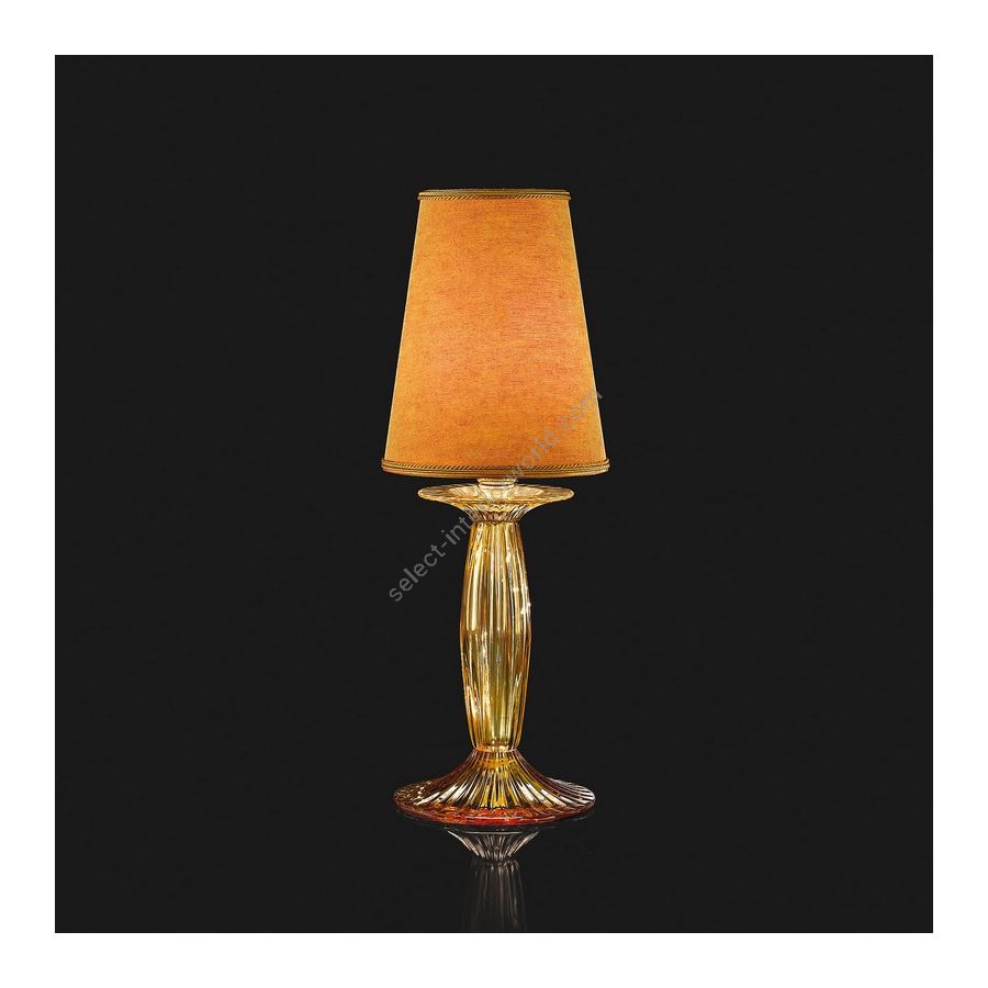 Tischleuchte / Shiny Gold endfertigung / Amber glas / Orange fabric lampshade / Size - cm.: 40 x 14 x 14 / zoll: 15.75" x 5.51" x 5.51"