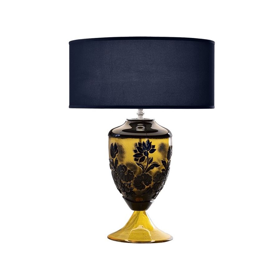 Tischleuchte / Shiny Nickel endfertigung / Ponge-blue navy Stofflampenschirm / Amber-Blue Kristall