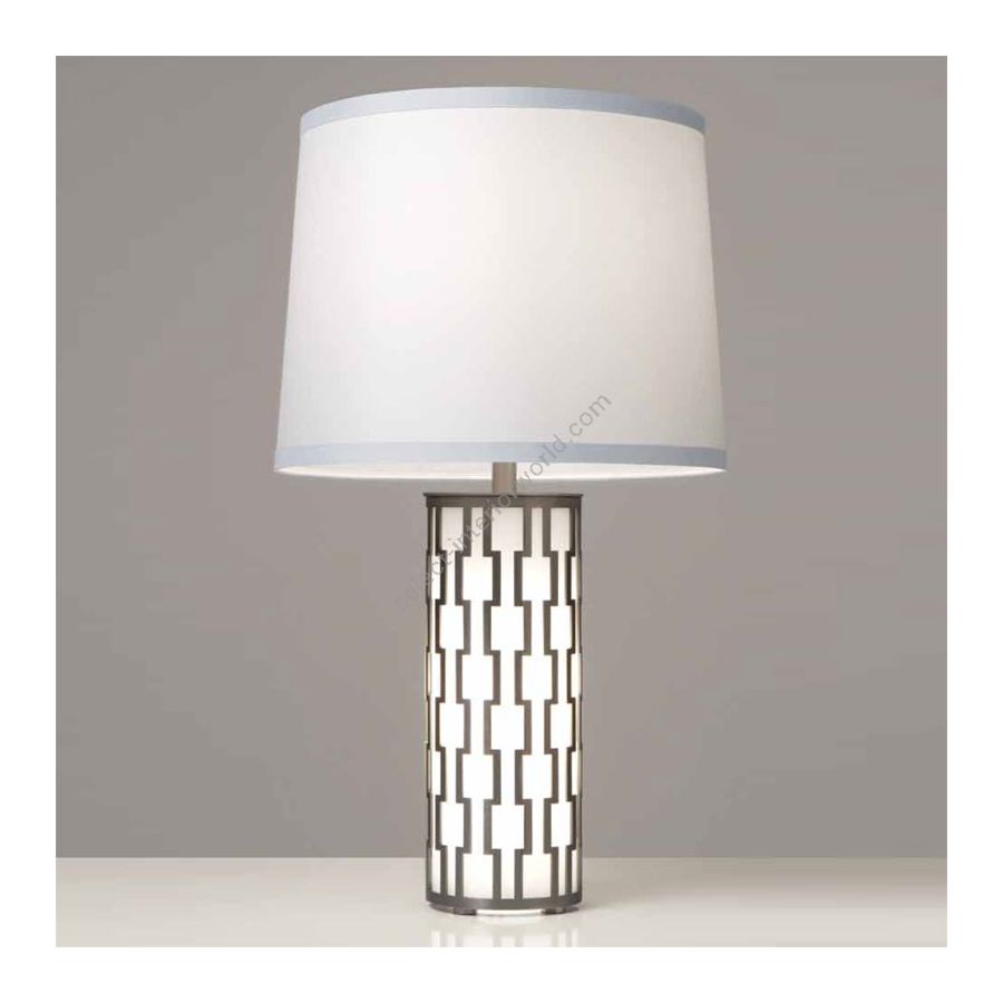 Blackened Brass finish, White Linen lampshade