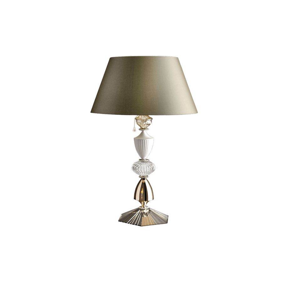 Table lamp / Gold Nickel finish / Chinette-dove fabric lampshade / Transparent glass / cm.: 78 x 53 x 53 / inch: 30.71" x 20.87" x 20.87"