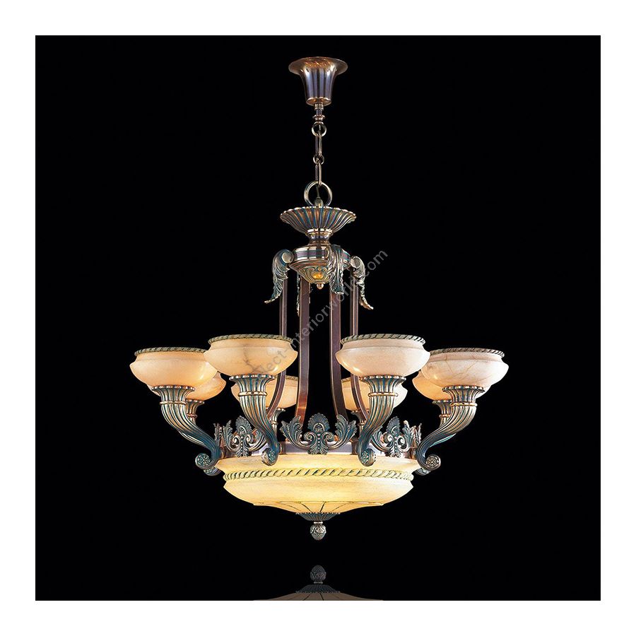 Antique Brass Green Patina / Brandy Alabaster lamp shades / 8+4 lights (cm.: 86 x 93 x 93 / inch.: 33.86" x 36.61" x 36.61")
