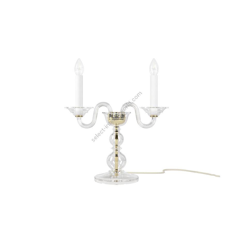 Elegante Tischleuchte Zwei Kerzen / Poliertes Messing Metall mit Kristall Glas