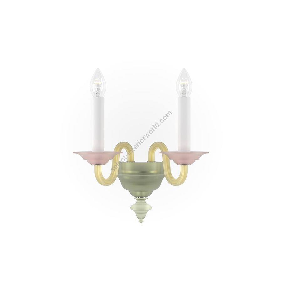 Elegante Wandleuchte Zwei Kerzen / Verchromtes Metall mit Grün, Bernstein und Rosa Glas