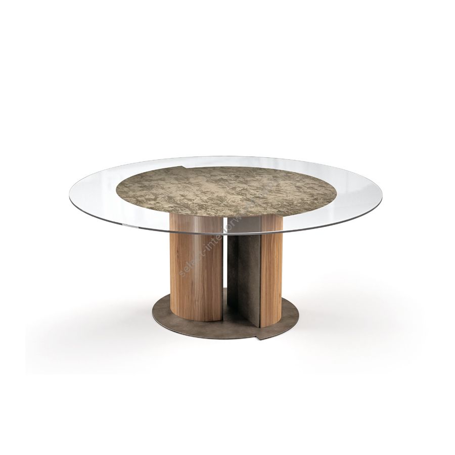 Esstisch rund / Holzsockel: Canaletto Natural Watersilk / Flache Metallbasis: Peltrox chance / Unter Tischplatte: Bronze ice matt