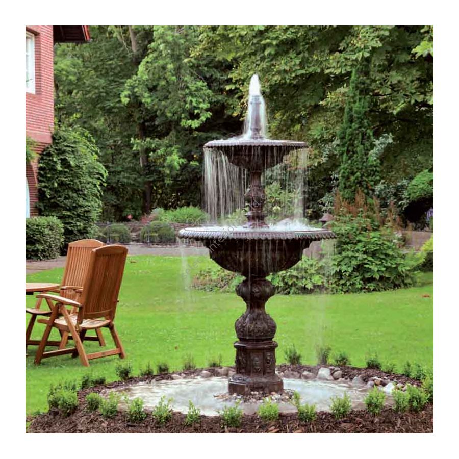 Großer Springbrunnen, Wasserbrunnen für Garten, aus Aluminiumguss und Hartstahl, Patina lackierung