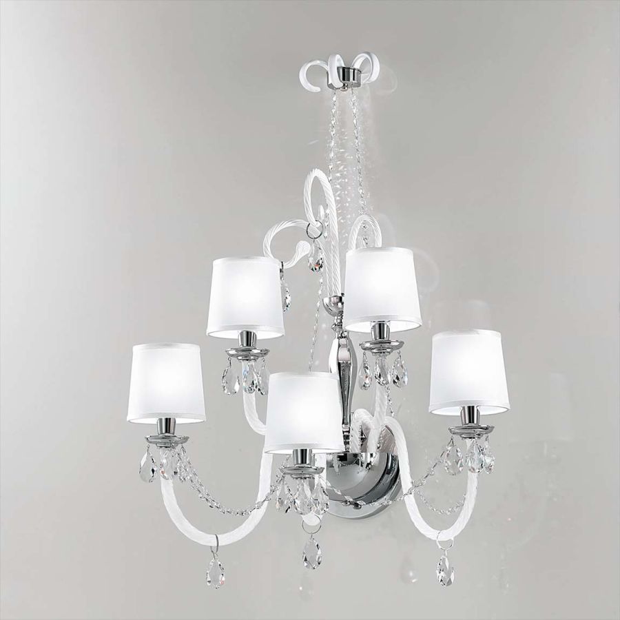 Wandleuchte / Chrome finish / White glass / Ivory Ponge fabric lampshade / SW®E Crystal pendants
