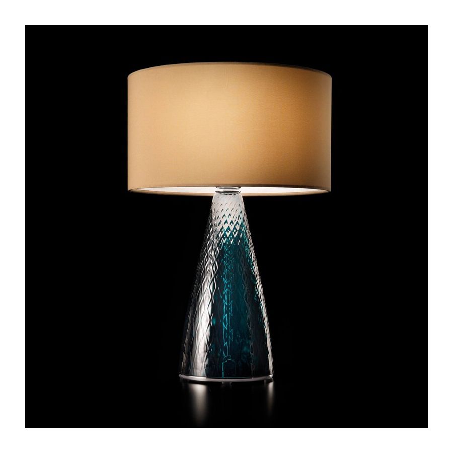 Table lamp / Chrome finish / Dark Turquoise glass / Ponge-hazel fabric lampshade