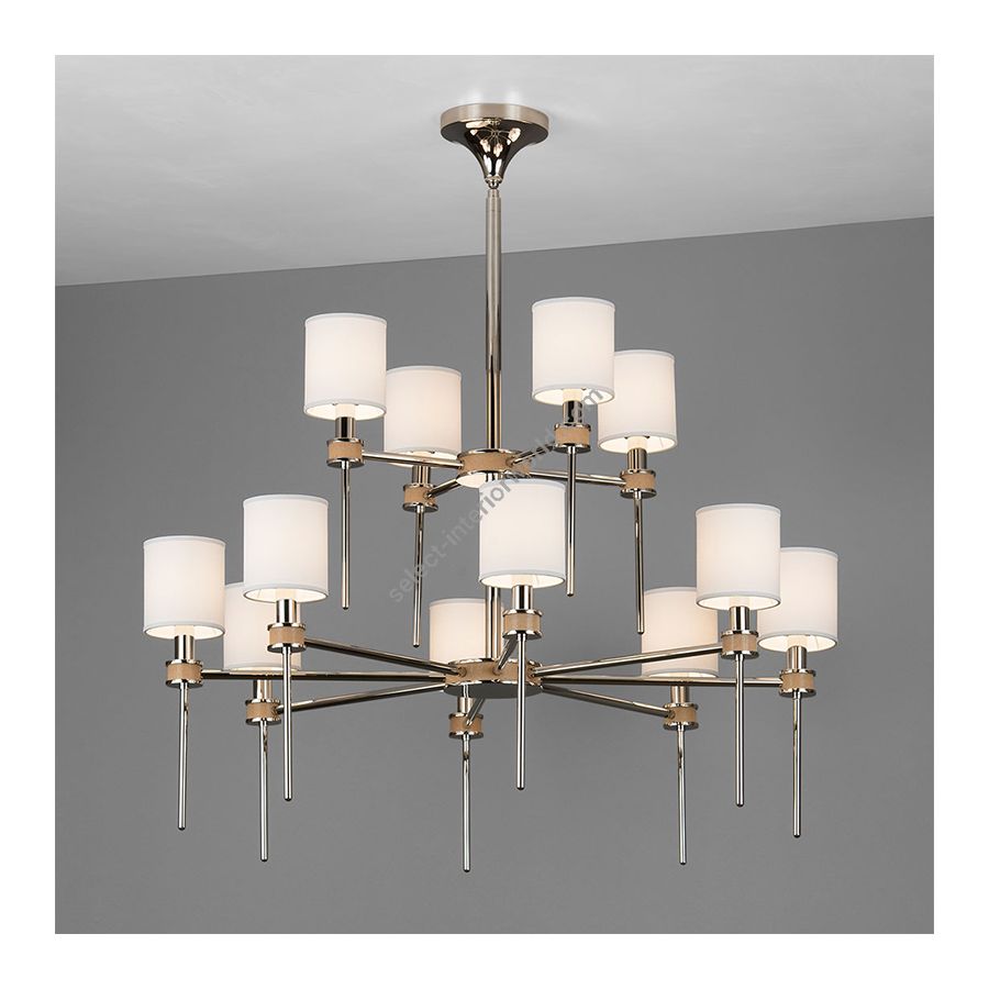 Polished Nickel finish / White linen lampshades / Sand Shagreen insert