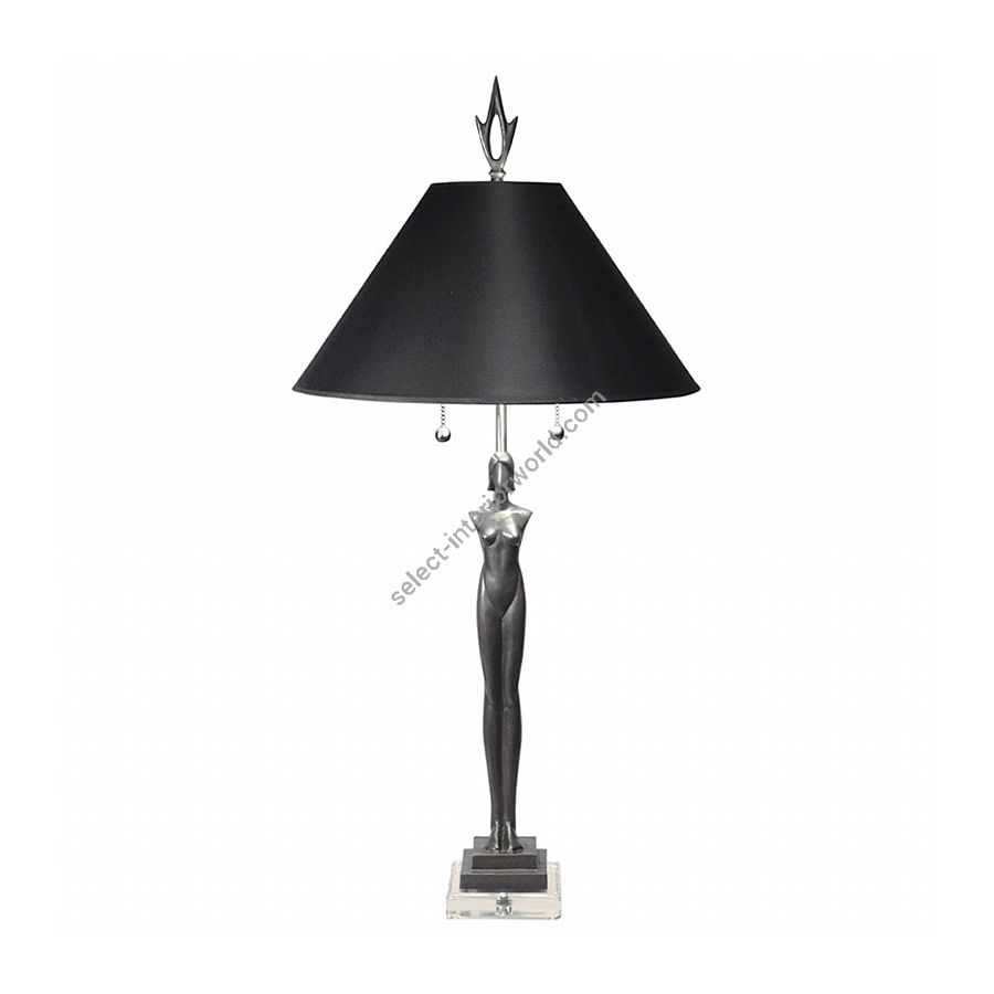 Grey patina finish / Clear lucite base / Black with silver liner lamp shade