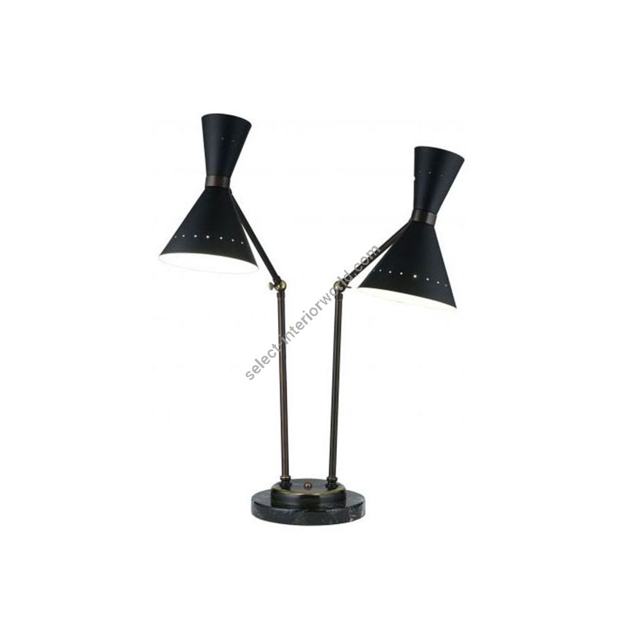 Dark brushed bronze finish with dark marble base / Black metal lampshades