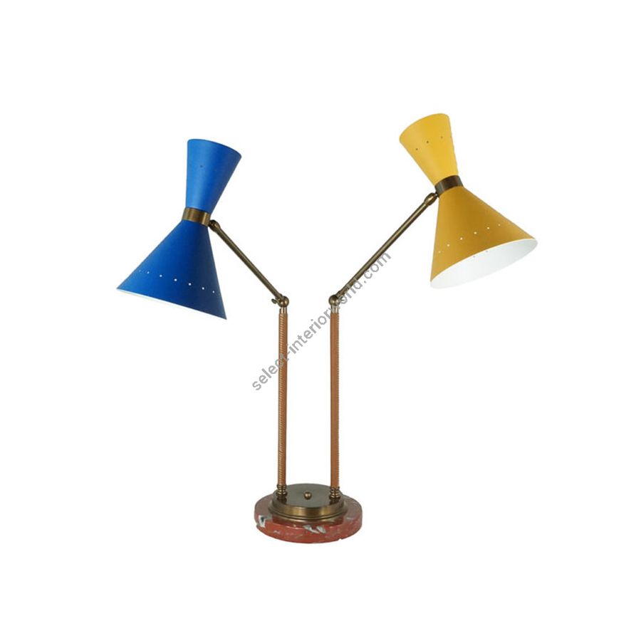 Bronze finish with red marble base / Blue and Yellow metal lampshades