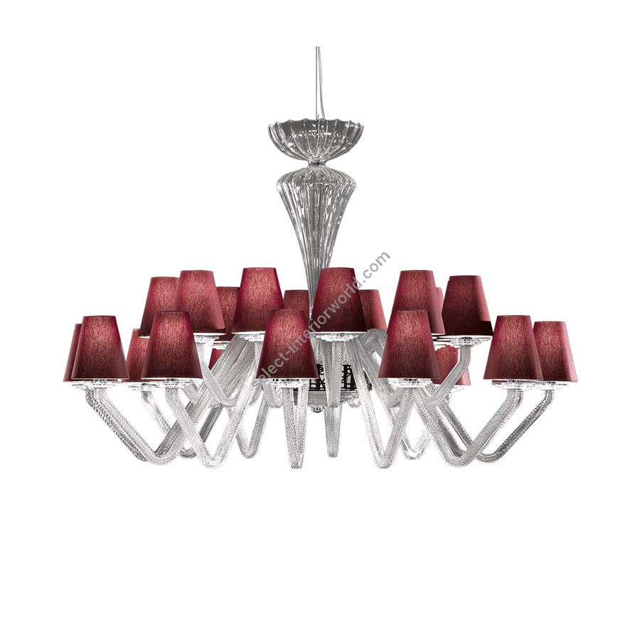 Chandelier / Chrome finish / Transparent glass / Chinette-red fabric lampshades / 24 lights (cm.: 194 x 144 x 144 / inch.: 76.38" x 56.69" x 56.69")