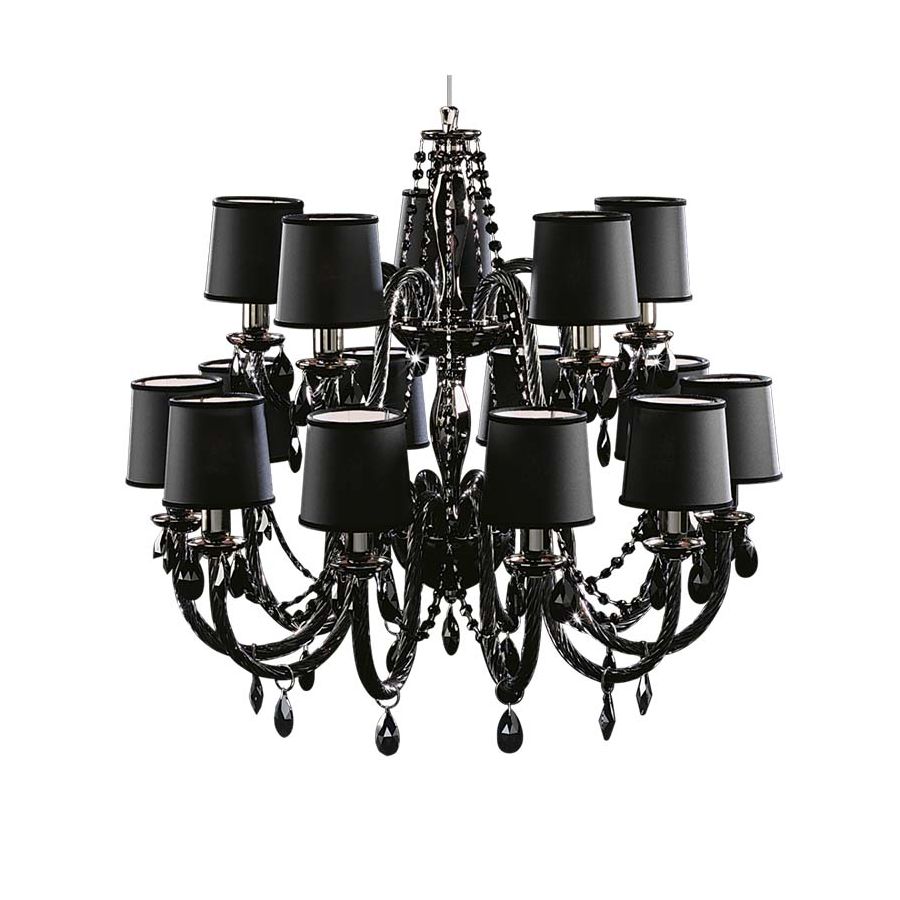 Iron Grey finish / Black glass / SW®E Jet Black pendants / Ponge-black fabric lampshades / 15 lights (cm.: 180 x 80 x 80 / inch.: 70.87" x 31.50" x 31.50")