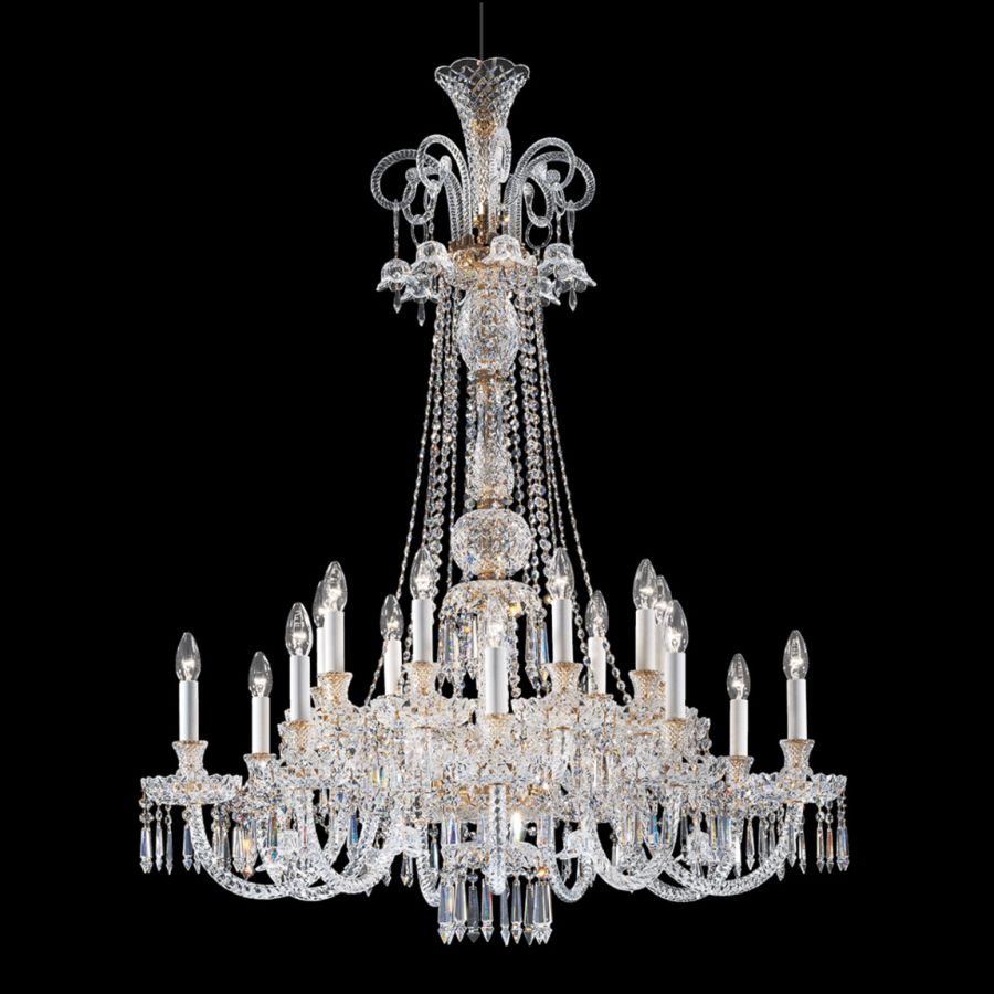 Chandelier, Shiny Gold finish, Transparent glass, SW®E Transparent pendants, 18 lights (cm.: 230 x 100 x 100 / inch.: 90.55" x 39.37" x 39.37")