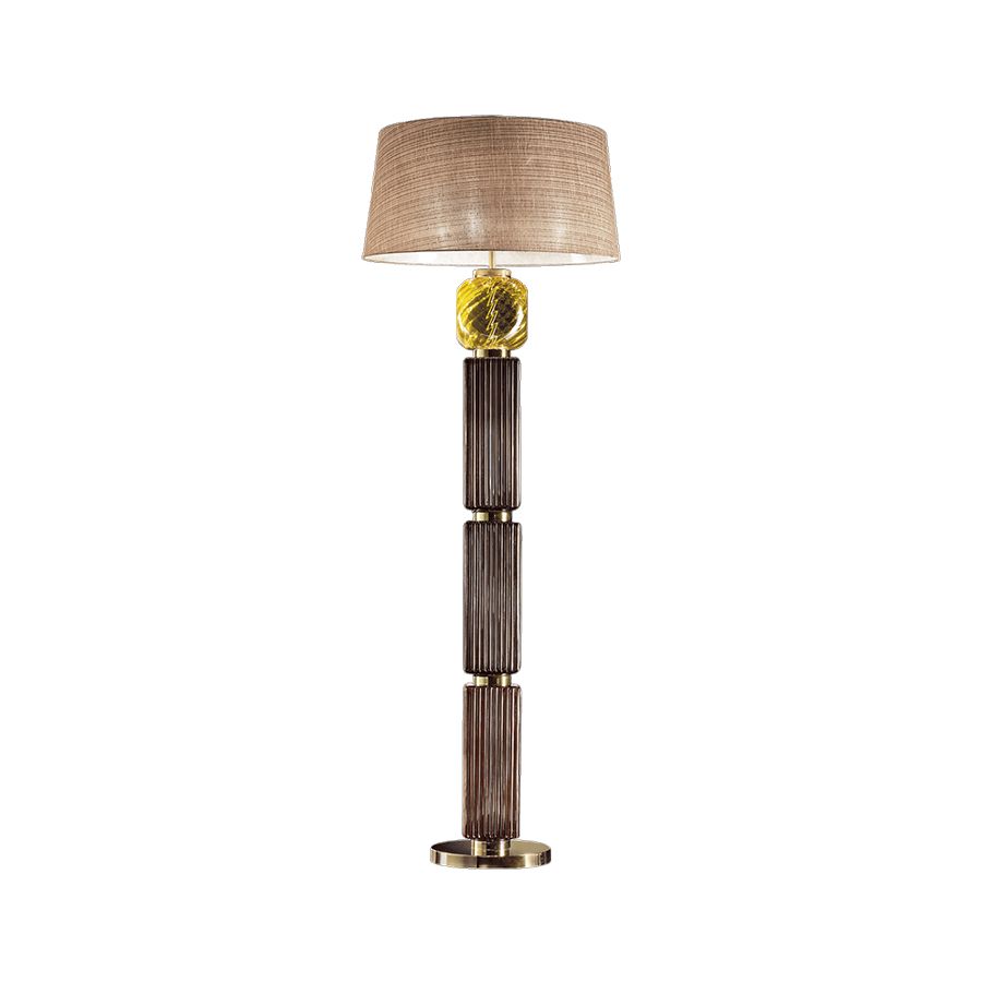 Floor lamp / Light Gold finish / Yellow Ruled glass / Brown lampshade