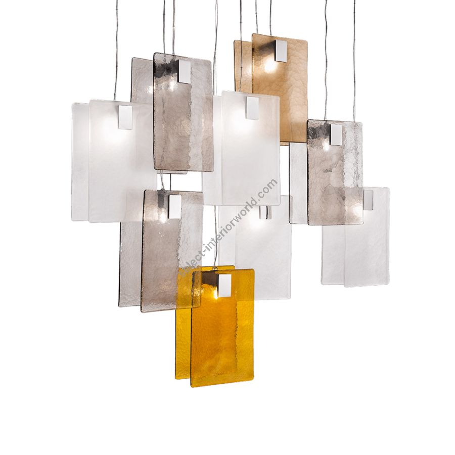 Pendant lamp / Colours of glass: White, Sand, Grey, Amber / 9 lights (cm.: max 142 x 139 x 31 / inch.: max 55.9" x 54.7" x 12.2")