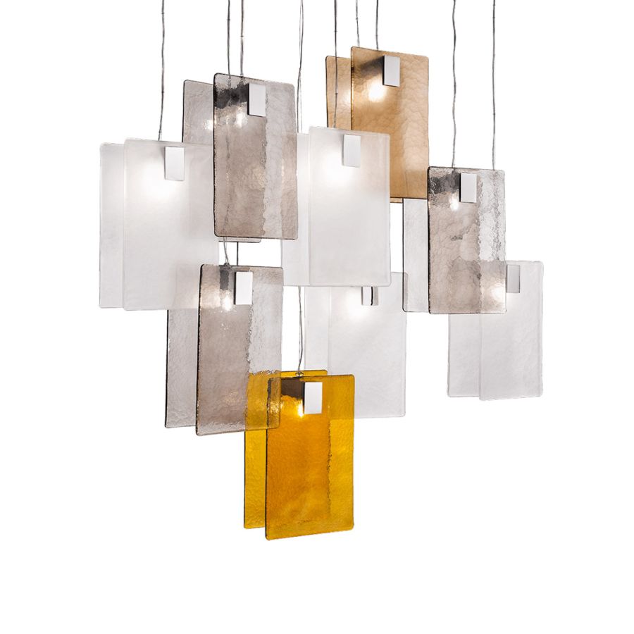 Pendant lamp / Colours of glass: White, Sand, Grey, Amber / 9 lights (cm.: max 142 x 139 x 31 / inch.: max 55.9" x 54.7" x 12.2")