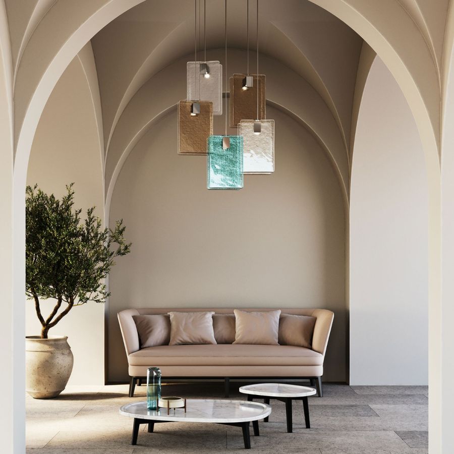 Pendant lamp / Colours of glass: White, Sand, Grey, Aquamarine / 5 lights (cm.: max 142 x 85 x 31 / inch.: max 55.9" x 33.4" x 12.2")