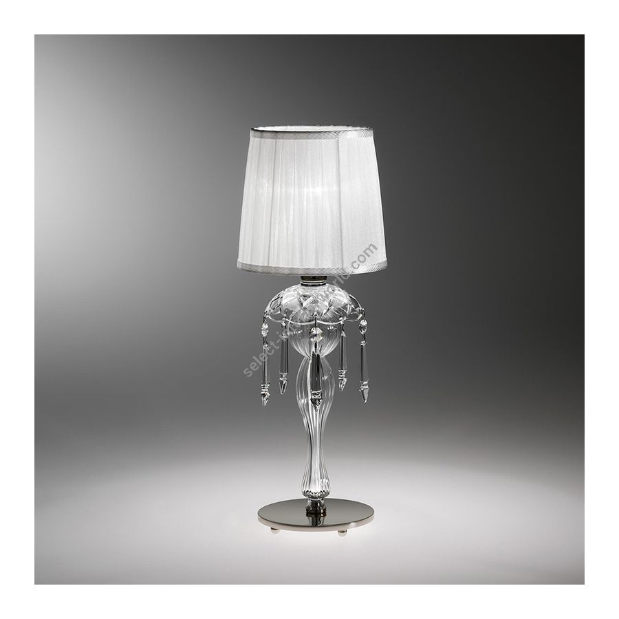 Table Lamp / Shiny Nickel finish / Transparent glass / Organza-ivory fabric shade / SW®E pendants / cm.: 42 x 15 x 15 / inch.: 16.53" x 5.90" x 5.90"