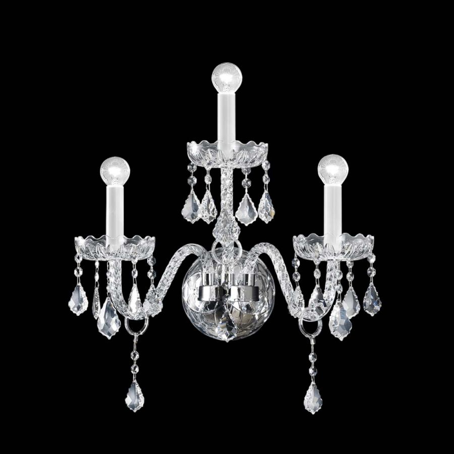 Wall lamp / Chrome finish / Transparent glass / SW®E (Crystals from SWAROVSKI®) Transparent pendants / 3 lights (cm.: 44 x 35 x 35 / inch.: 17.3" x 13.8" x 13.8")