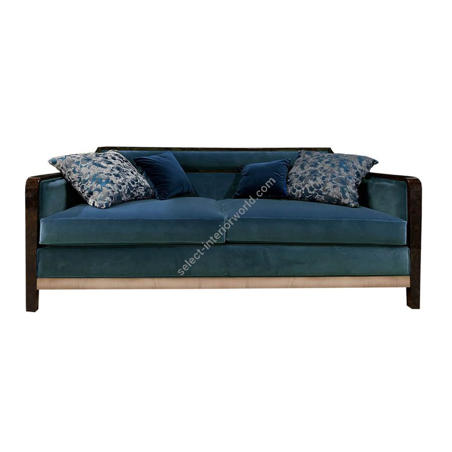 Sofa 2 seater / High gloss and satin wood base / Brushed bronze metal details / Fabric upholstery