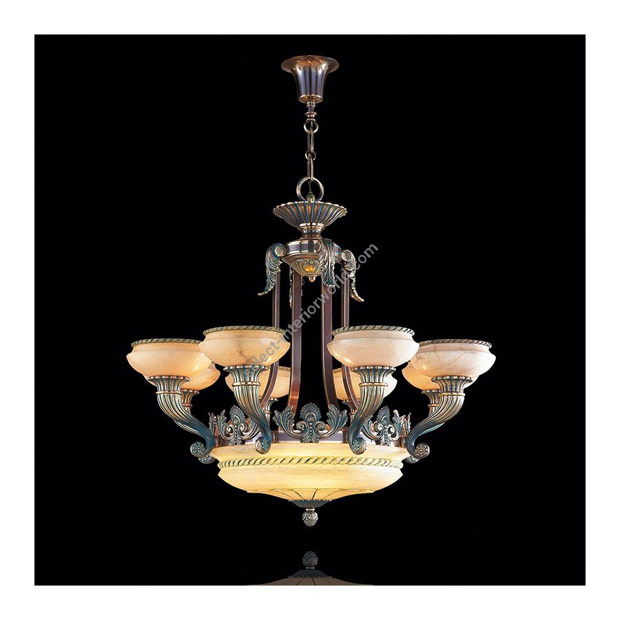Antique Brass Green Patina / Brandy Alabaster lamp shades / 8+4 lights (cm.: 86 x 93 x 93 / inch.: 33.86" x 36.61" x 36.61")
