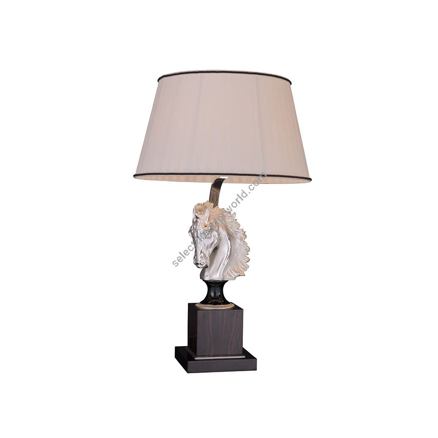 Table lamp / Antique Silver Plated with Polished Black finish / Left position of horse / With White Pleated lampshade