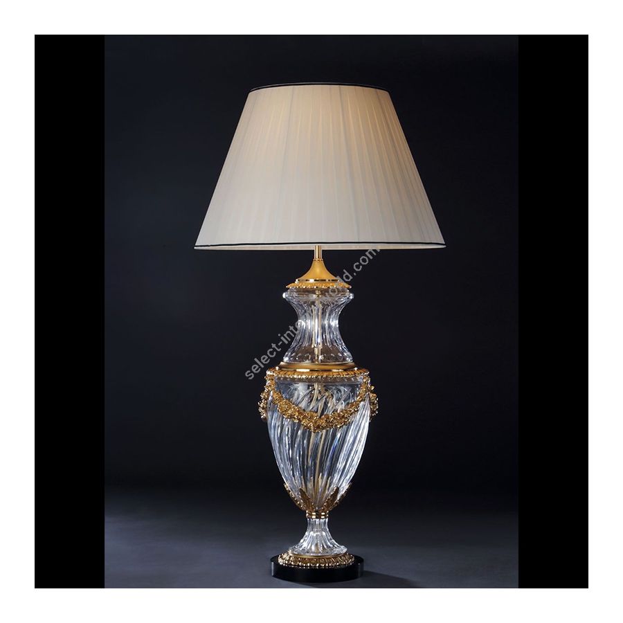 Antique Gold Plated finish / With White Pleated lamp shade / Transparent Crystal leg