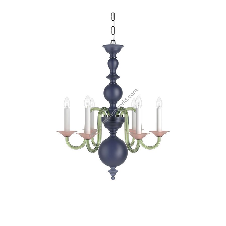 Chrome Finish / Dark Blue Frosted, Green and Rose Frosted color of Glass / 6 lights (cm.: H 76 x W 62 / inch.: H 29.9" x W 24.4")