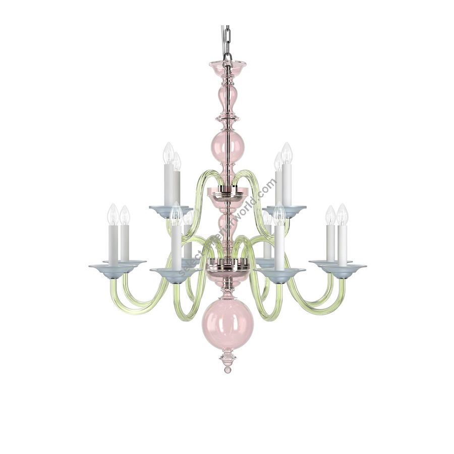 Chrome Finish / Light Rose, Green and Light Blue Frosted color of Glass / 12 lights (cm.: H 98 x W 88 / inch.: H 38.6" x W 34.6")