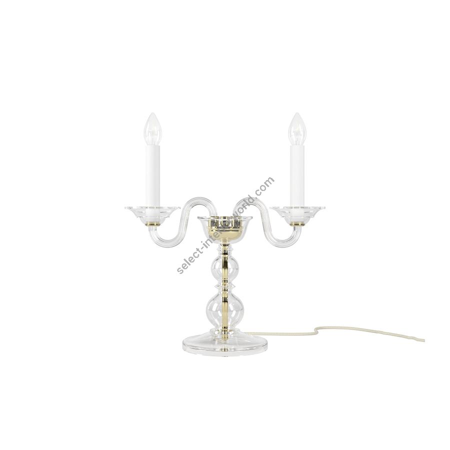 Elegant Table Lamp Two Candles / Polished Brass metal with Crystal glass