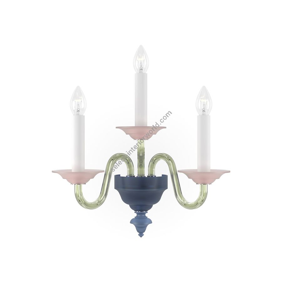 Elegant Wall Sconce Three Candles / Chrome metal with Dark Blue, Green and Rose glass