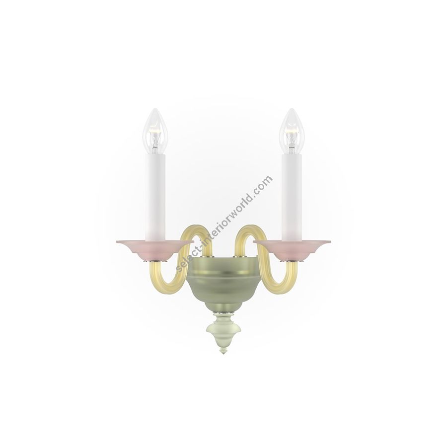 Elegant Wall Sconce Two Candles / Chrome metal with Green, Amber and Rose glass
