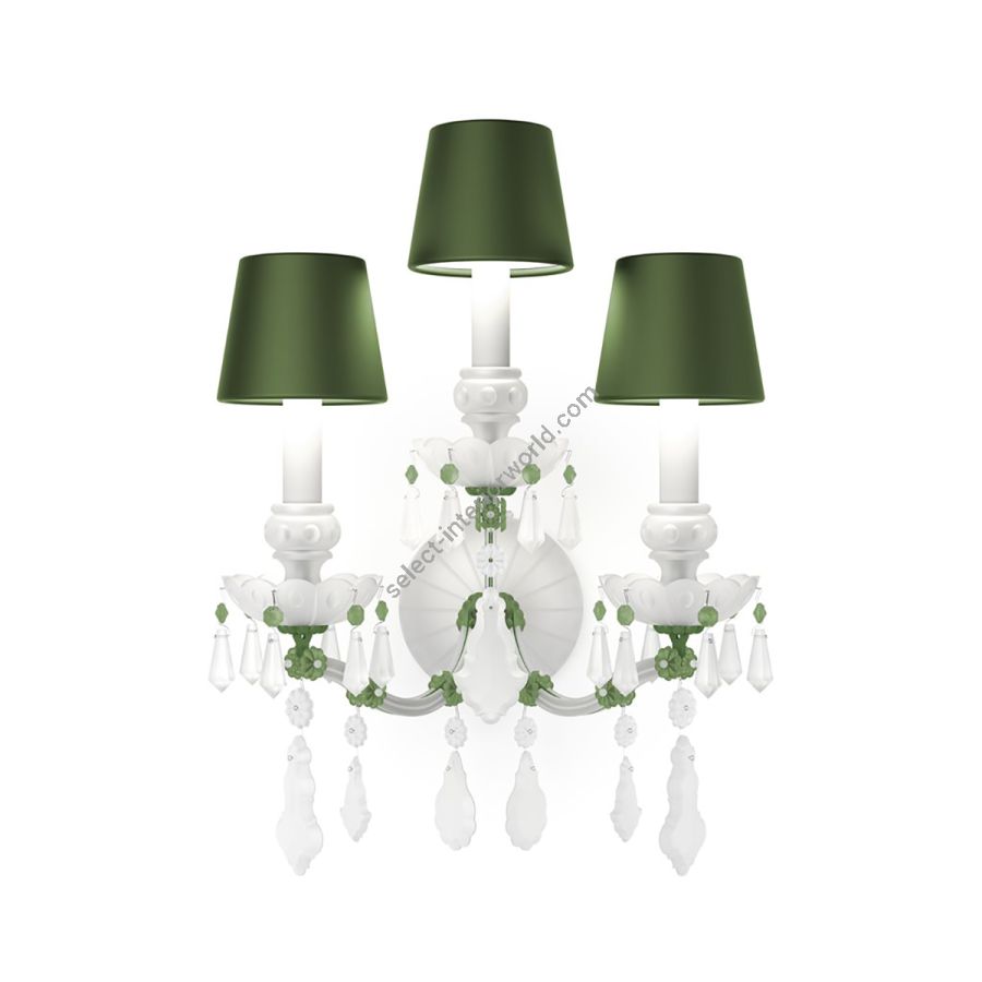 Luxury Wall sconce, Three candles / Green Silk lampshades / Green Matt metal details / Opal White and Green Frosted glass