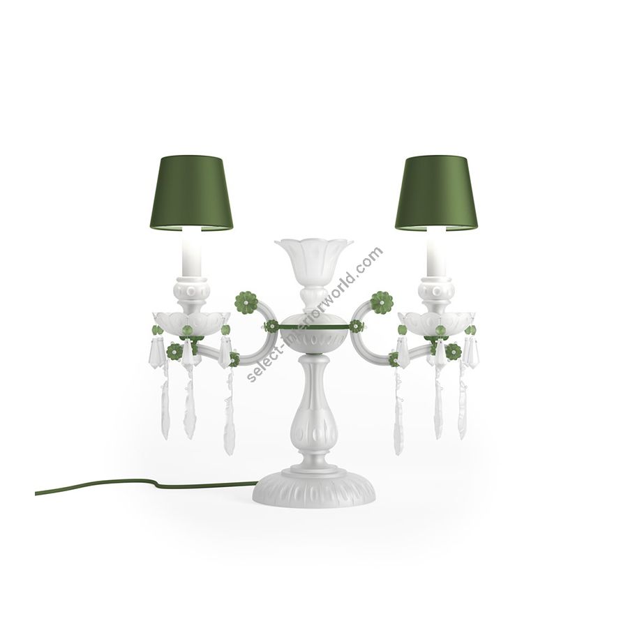 Luxury Table Lamp / Gentle Design / Green Silk lampshades / Green Matt metal details / Opal White and Green Frosted glass