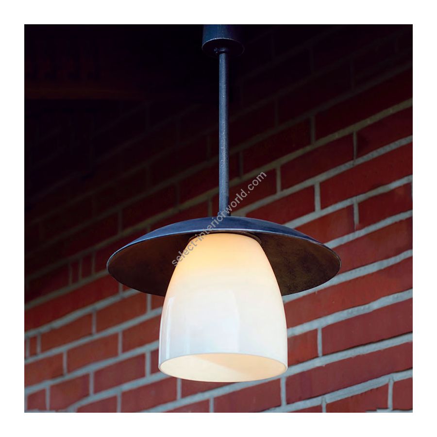 Outdoor suspension lamp, handcrafted, made of metal and glass, Iron nature finish
