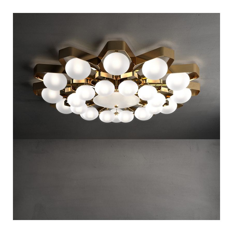 Ceiling led lamp / Shiny Gold finish / Satin glass / 28 lights (cm.: 27 x 140 x 140 / inch: 10.6" x 55" x 55")
