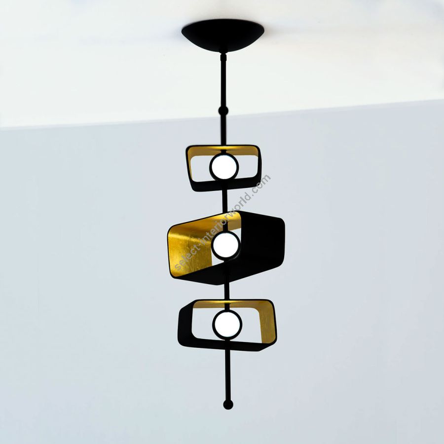 Pendant lamp / Outside Finish & Inside Finish: Coal & 22k Yellow Gold Leaf / Cast Form Composition: Mixed (Trapezoid + Oval)