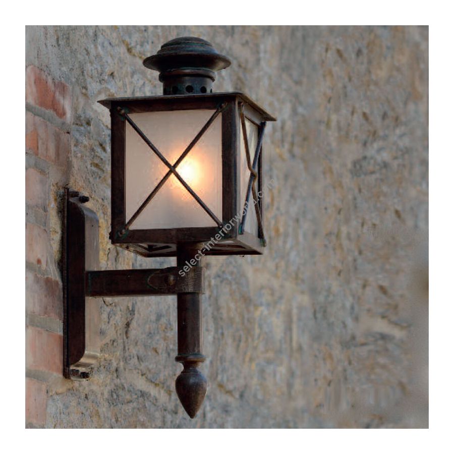 Outdoor wall lamp, a lantern-type fixture in a square shape, Patina finish
