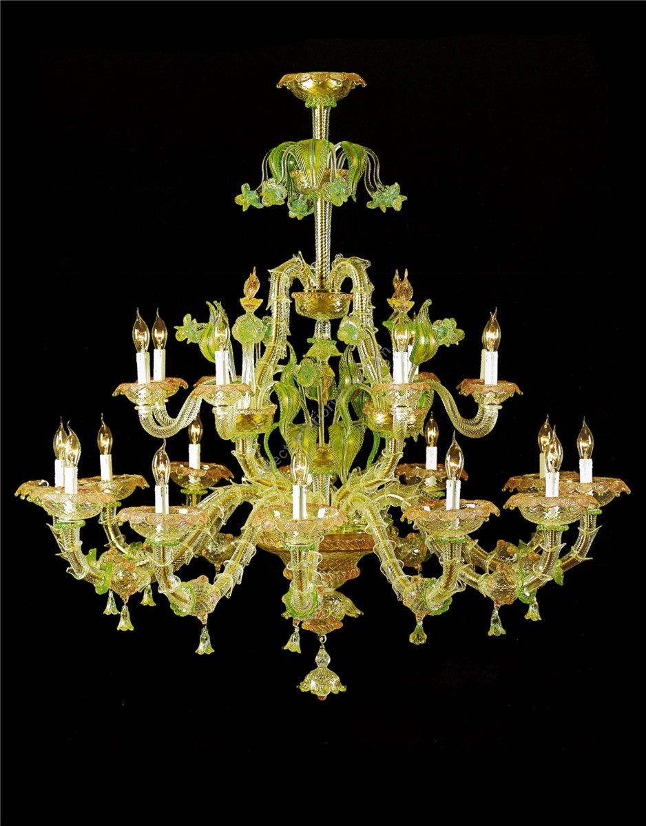 Italian Luxury Lighting / Chandeliers / Venetian Glass Green And Gold 20-Light V7767 020