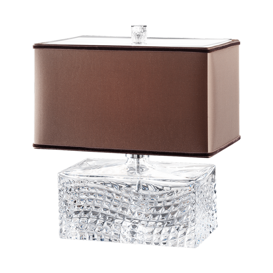 Table lamp / Chrome finish / Transparent glass / Chinette-brown fabric lampshade