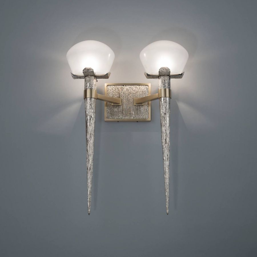 Wall Sconce Double / Glass: Inside Frosted / Finish - Textured Parts: Polished Brass / Machined Parts: Satn Brass