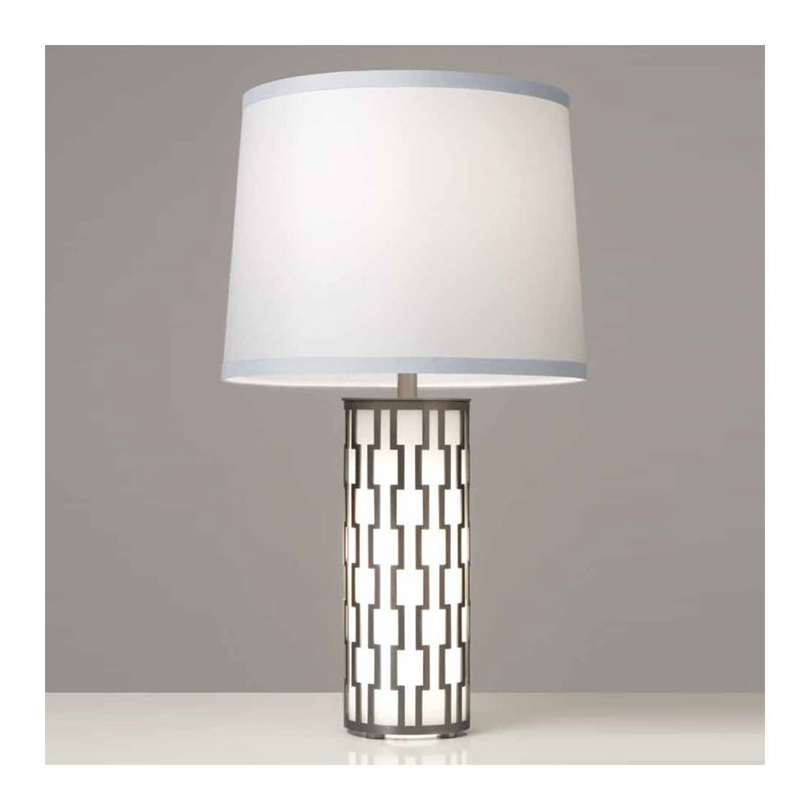 Blackened Brass finish, White Linen lampshade