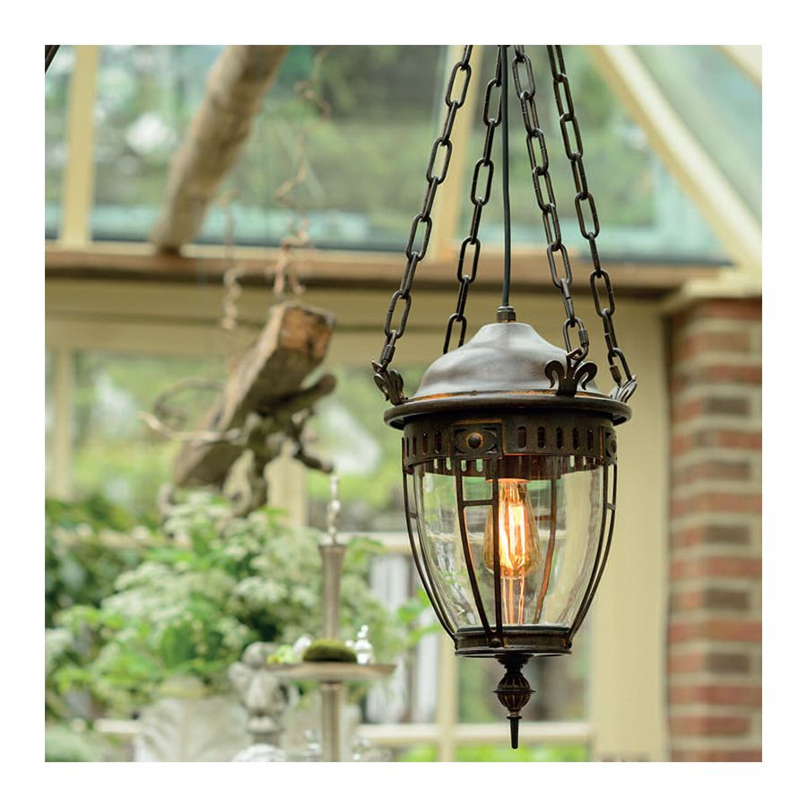 Outdoor Suspension Lamp  with chain made of hard steel and blown glass, Terra finish