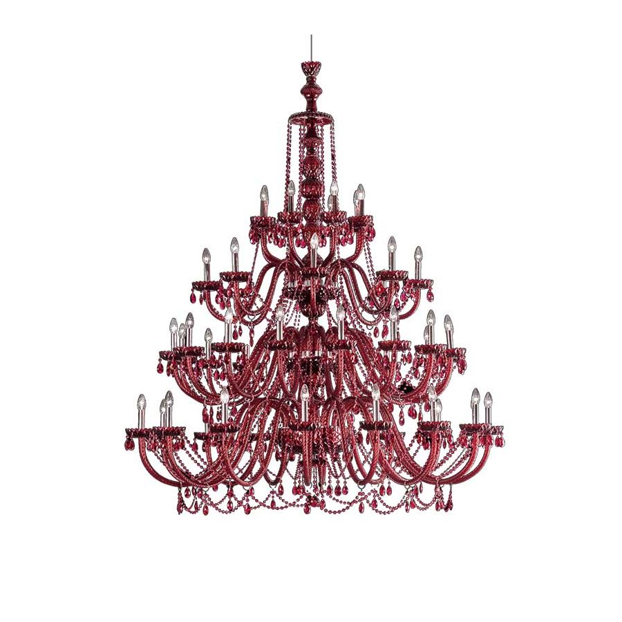 Chandelier, Chrome finish, Red glass, SW®E Bordeaux pendants, 48 lights (cm.: 300 x 135 x 135 / inch.: 118.11" x 53.15" x 53.15")