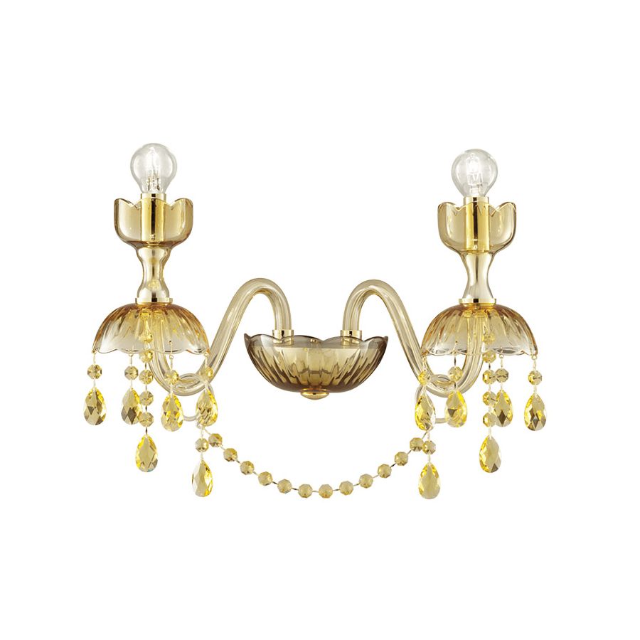 Wall lamp / Shiny Gold finish / Amber glass / SW®E Light Topaz pendants / 2 lights (cm.: 30 x 32 x 26 / inch.: 11.81" x 12.60" x 10.24")