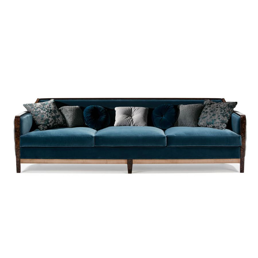 Sofa 3 seater / High gloss and satin wood base / Brushed bronze metal details / Fabric upholstery