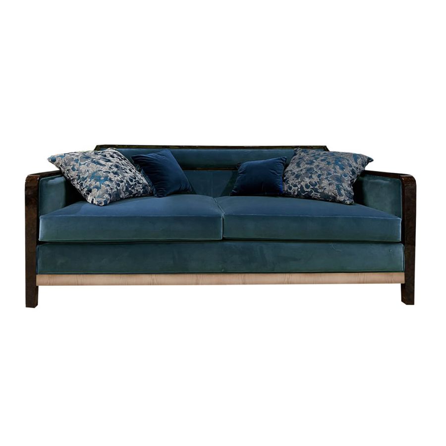 Sofa 2 seater / High gloss and satin wood base / Brushed bronze metal details / Fabric upholstery
