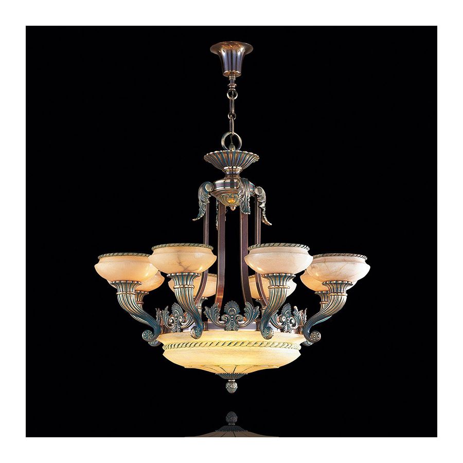Antique Brass Green Patina / Brandy Alabaster lamp shades / 8+4 lights (cm.: 86 x 93 x 93 / inch.: 33.86" x 36.61" x 36.61")