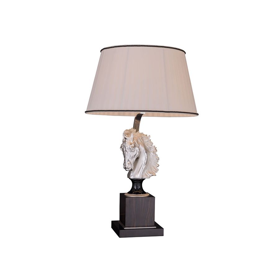 Table lamp / Antique Silver Plated with Polished Black finish / Left position of horse / With White Pleated lampshade